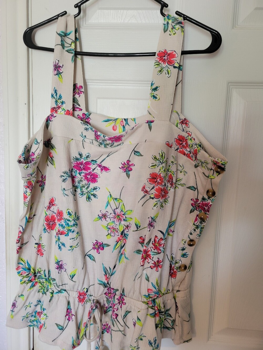 Floral Tie-Waist Sleeveless Top - Cream with Pink & Green Flowers